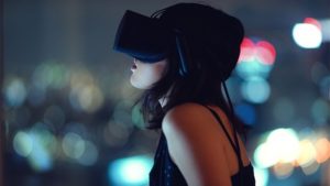 Pretty Woman with VR headset on and city background