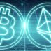 bitcoin and ethereum logo on blue graph background
