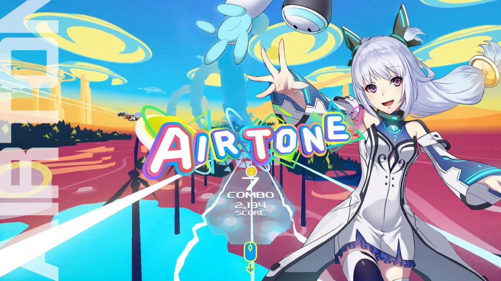 airtone vr - anime character in dress with spaceships and windfarm