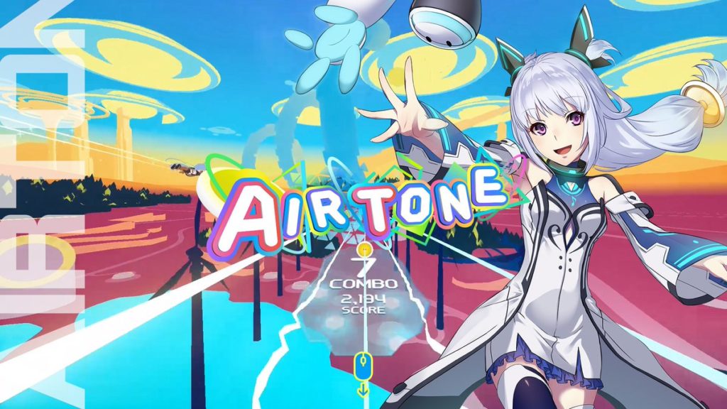 airtone vr - anime character in dress with spaceships and windfarm