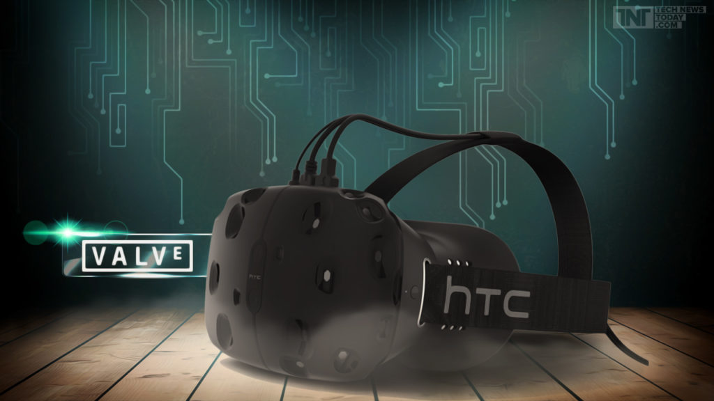 htc headset with valve logo on wood floor and microchip background