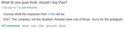 palmer luckey reddit post regarding purchase of htc company vive