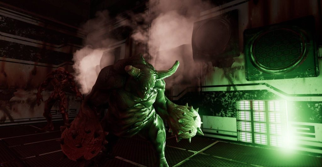 Dead Moon VR green and red monsters on spaceship with smoke and grates image description