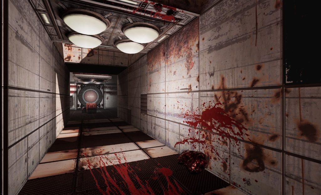 Dead Moon VR Game Review metal and grate hallway covered in rust and blood