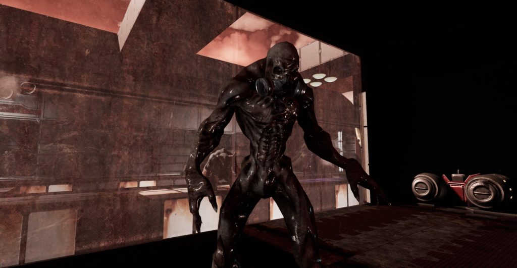 Dead Moon VR Game Review monster with claw hands and gas mask in Dead Moon VR image description