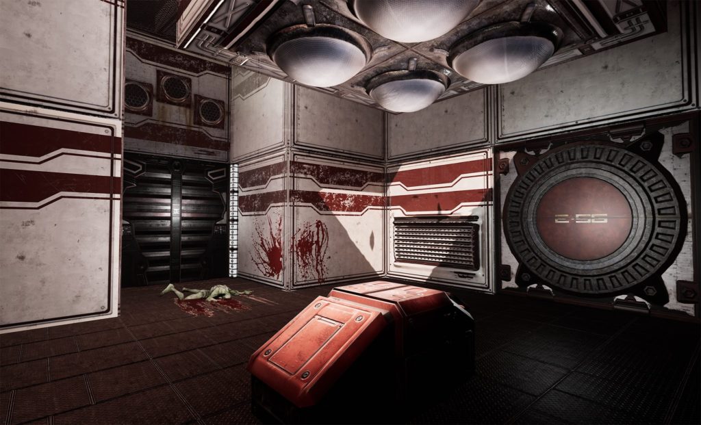 Dead Moon VR Game Review spaceship room with dead zombie and time lock chamber
