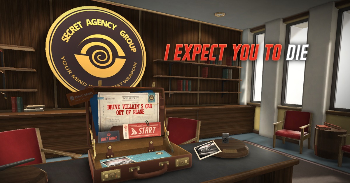 i expect you to die office with briefcase, bookshelves, chairs secret agency group