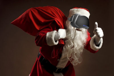 oculus rift santa wearing suit with white glovs