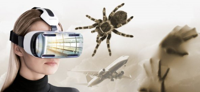 vr anxiety and phobia treatment woman wearing vr headset with spider airplane
