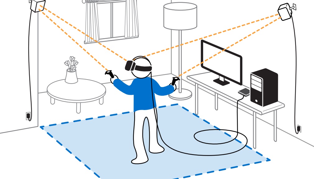 vr room setup player wearing headset near pc image description
