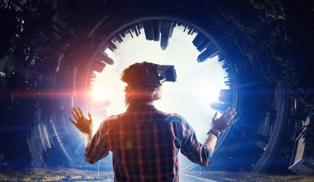 Man in VR Headset Looking into Portal Future of VR