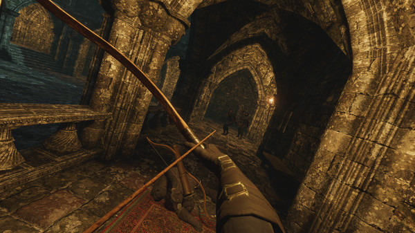 man with bow in medieval hallway blade and sorcery vr by warpfrog