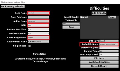 Screenshot of the mediocremapper song selection