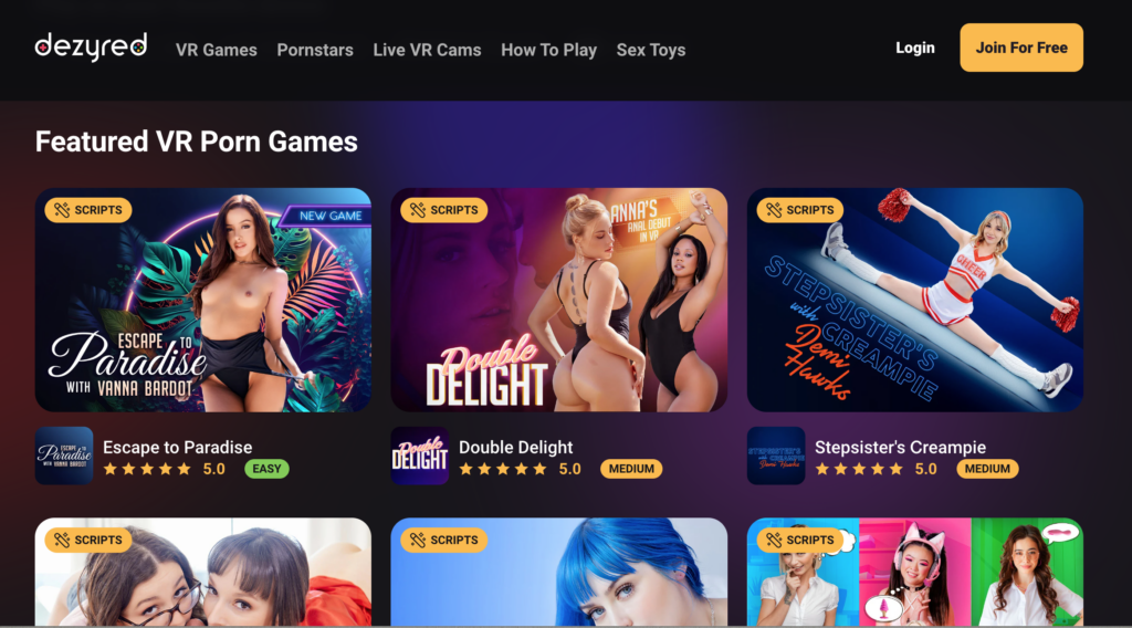 DezyRed screenshot of the home page with several VR Porn games on the page.