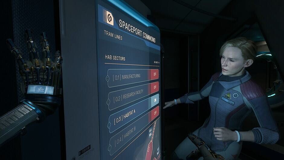 woman looking at hologram screen in lone echo 2 vr multi player game
