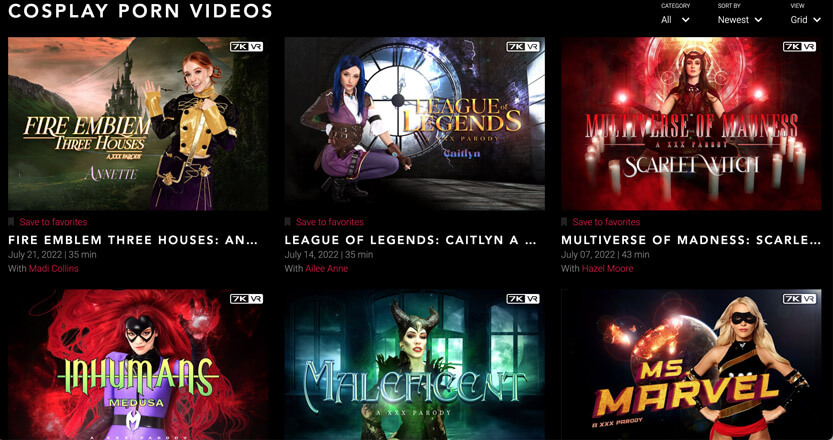 A screenshot of 6 VR Porn videos that VR Cosplay has to offer.