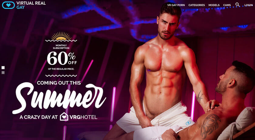 A screenshot of Virtual Gay website with 2 nude men.