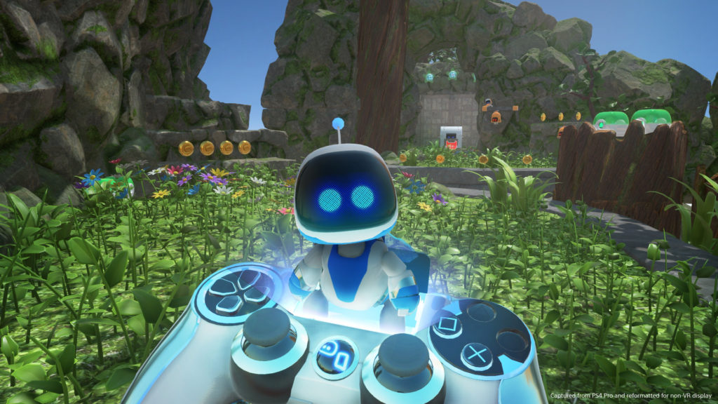 astro bot riding a joystick controller in a garden of Astro Bot: Rescue Mission game