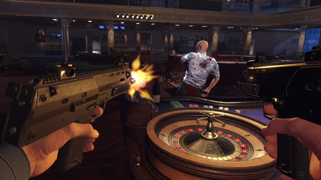 player shooting a bald man with two guns in blood & truth game