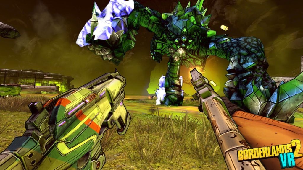 player shooting huge monster with guns in borderlands 2 vr game