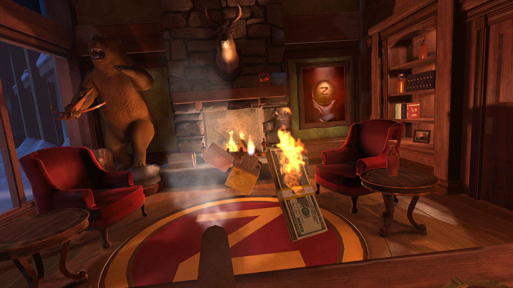 player shots a burning dollar bill inside a room in I Expect You to Die vr game
