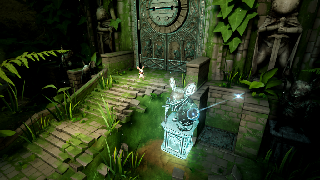 quill standing near a closed door at the end of stairs in moss vr