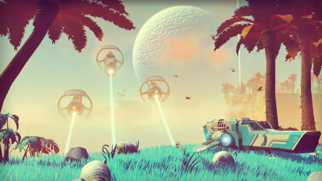 three alien vehicles in the sky in no man’s sky vr game