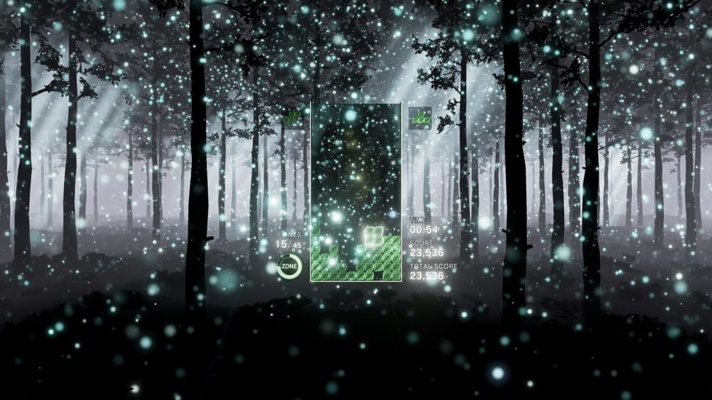 tetris screen in the middle of winter in the forest in tetris effect