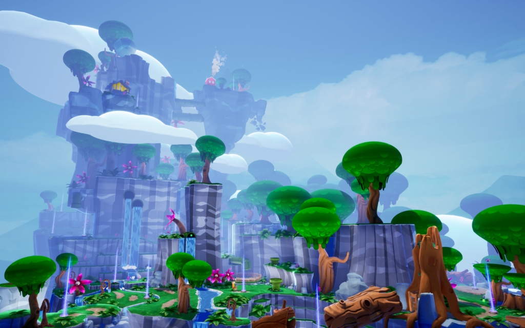 trover saves the universe world with trees and rock mountains