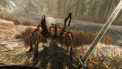 A giant spider from the virtual reality game Skyrim VR