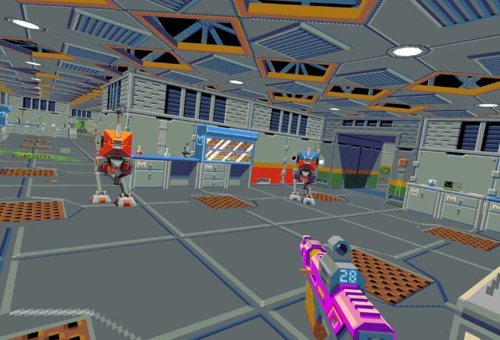 Screenshot of Compound VR shooting at robots