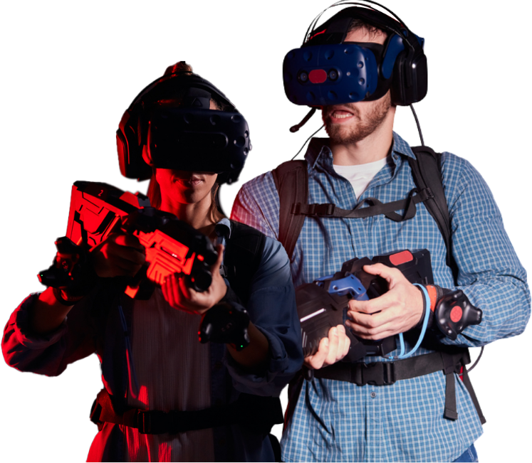 man and woman wearing vr glasses and holding play guns