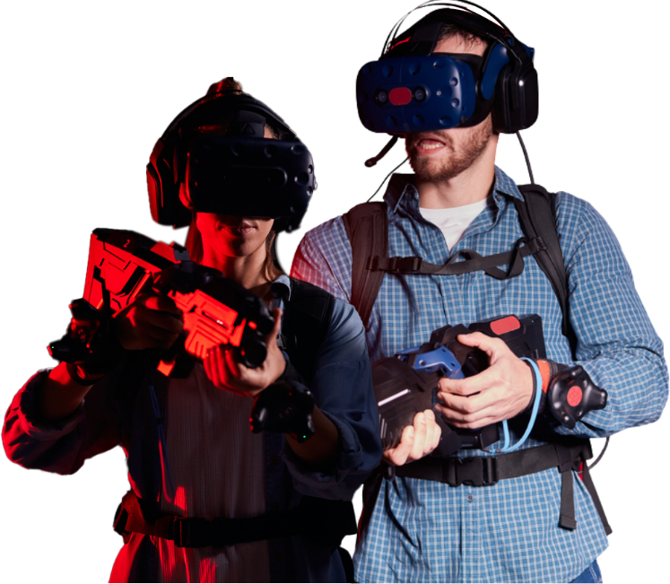 man and woman wearing vr glasses and holding play guns