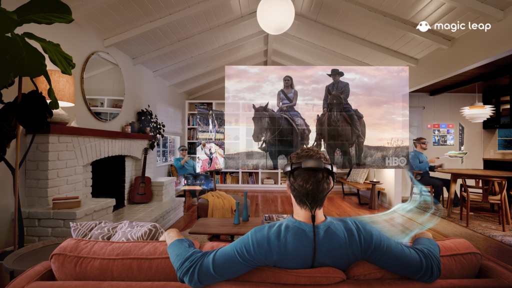 man using magic leap ar glasses to watch movie