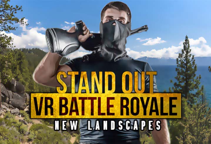 Stand Out VR Battle Royale New Landscapes Cover with a man with a gun over his shoulder