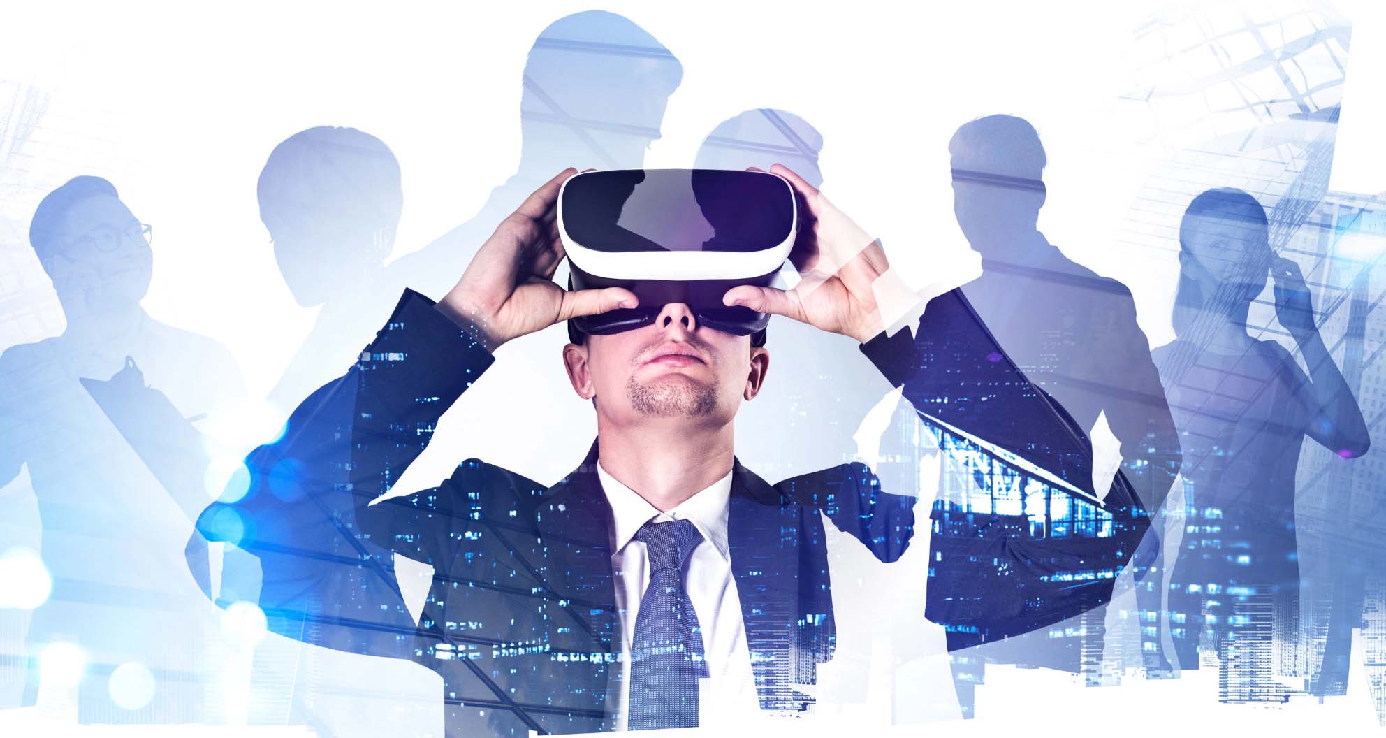 man in business suit looking at an Oculus Quest vr headset with silhouette of people at the back
