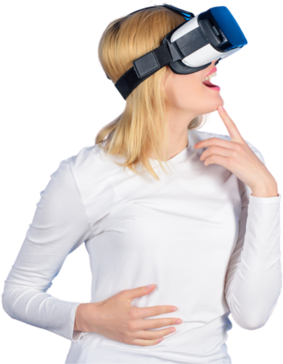 woman wearing Oculus Quest vr headset and doing the thinking pose