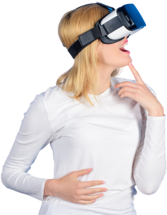 woman wearing Oculus Quest vr headset and doing the thinking pose