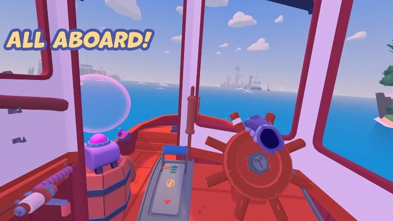 player controlling boat helm in Garden of the Sea game