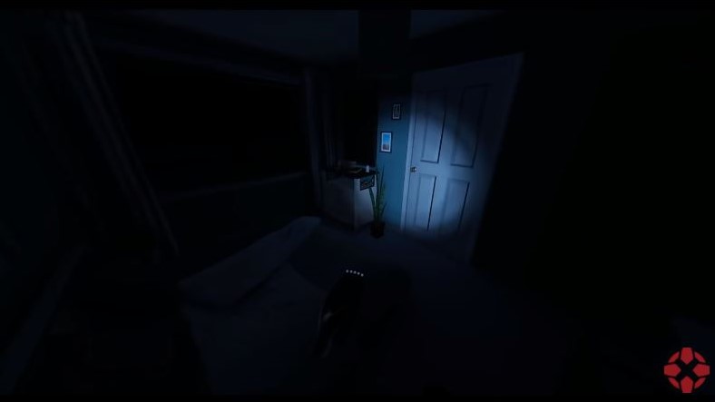 player pointing the flashlight on a white door