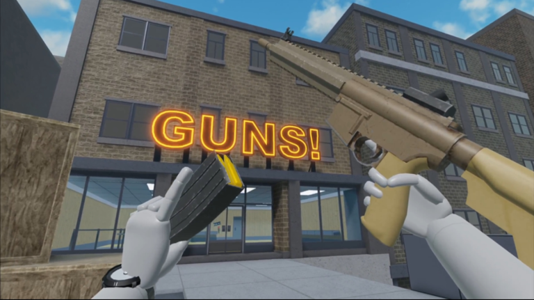 player changing gun ammo in front of guns building in vr