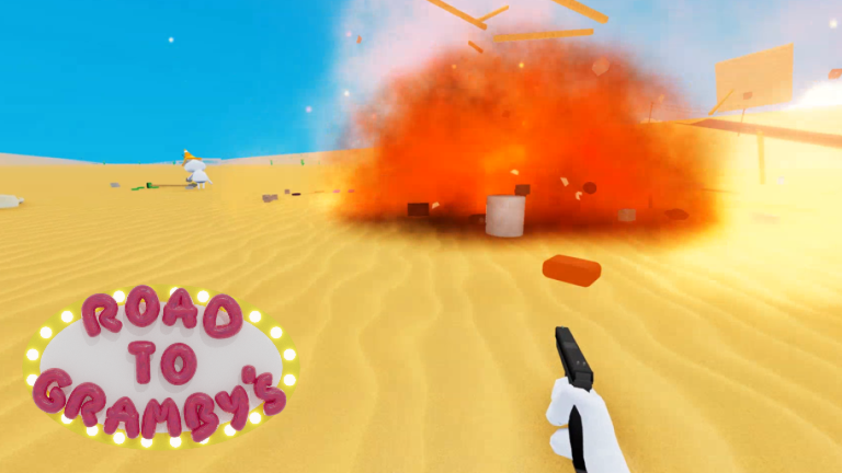 vr player shooting a white can in the middle of a desert