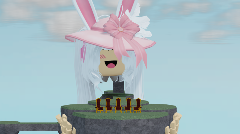 roblox vr avatar with pink hat holding a cliff with chairs on top