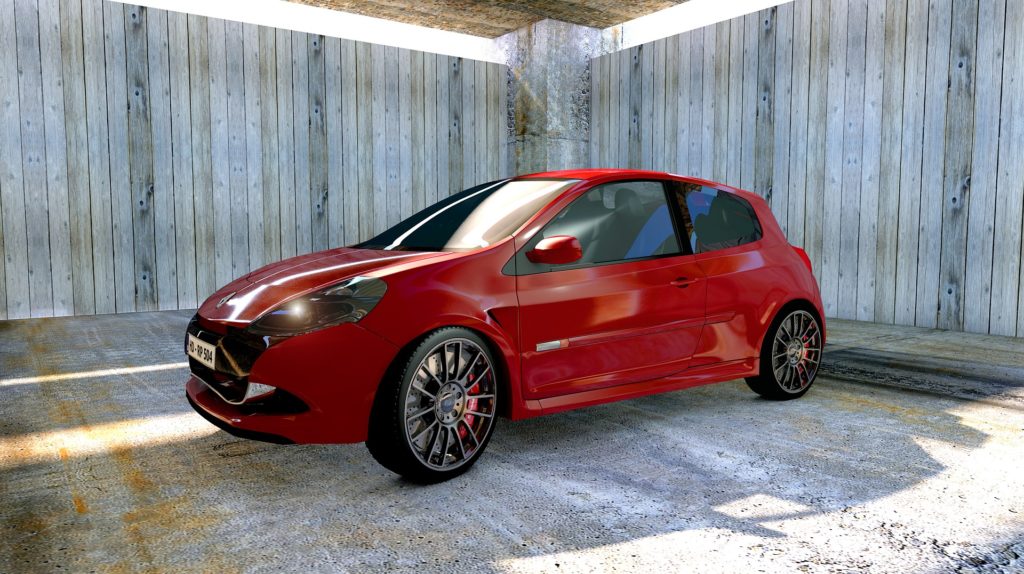 red car parked in garage