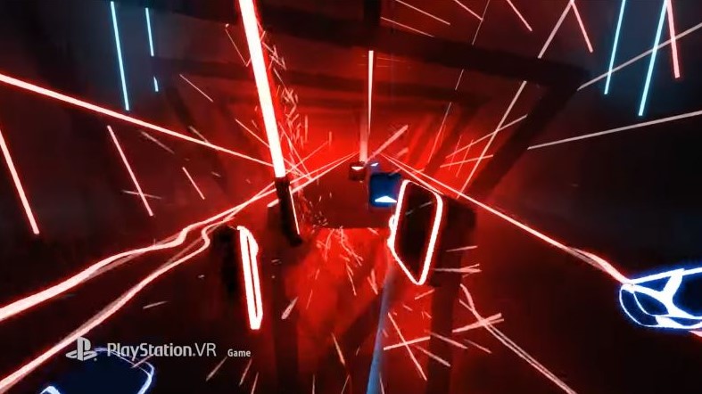 player slices beats with a saber in vr