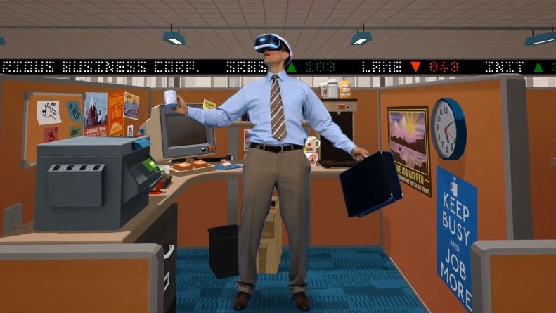 man in office clothes inside job simulator vr scene