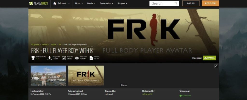 Fallout 4 VR mod landing page of frik full player body with ik