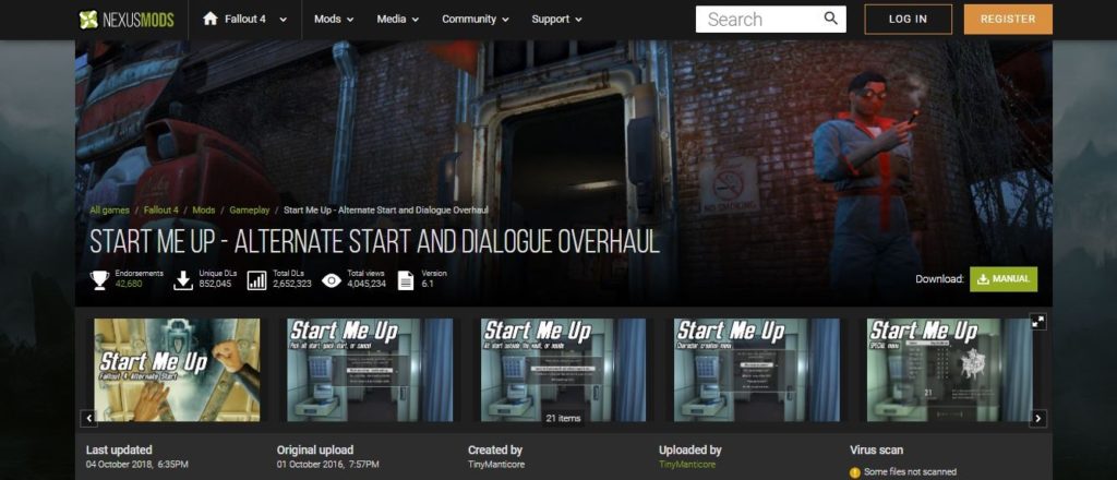 Fallout 4 VR mod landing page of start me up