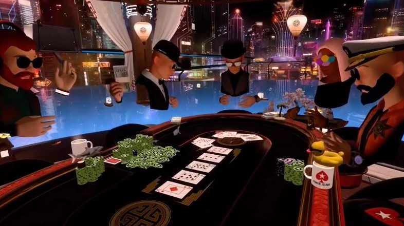 players on vr gathered around a poker table playing cards in Pokerstars VR game