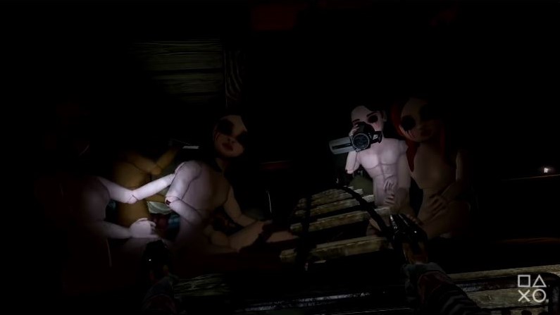 player travelling on a railway with live dolls in Rush of Blood game